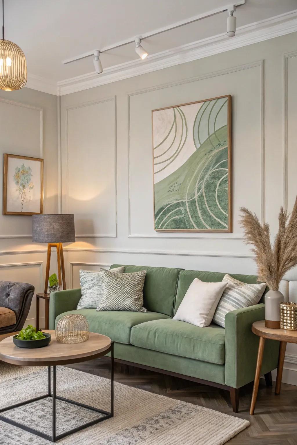 Sage green wall decor makes a bold, beautiful statement.