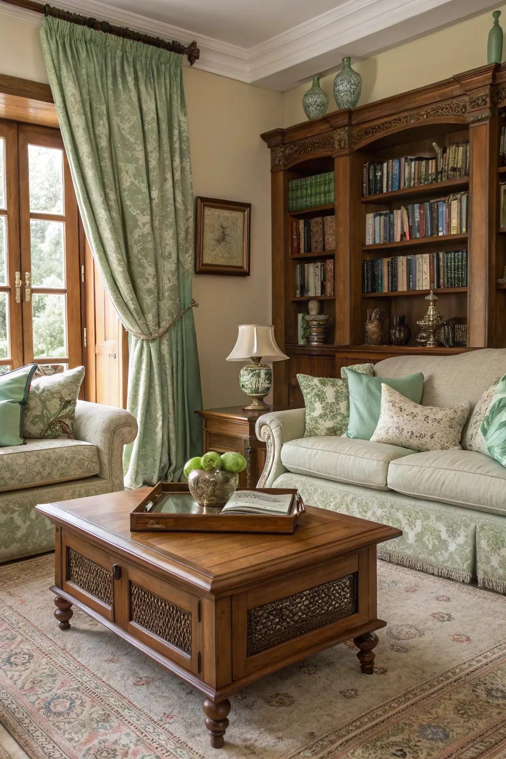 Historic objects add character and history to a sage green room.