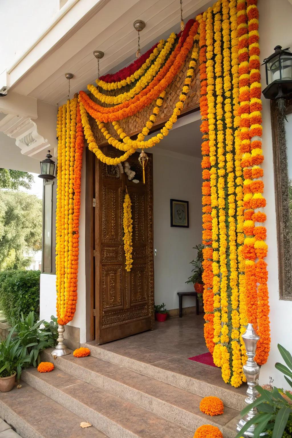 Golden bloom torans welcome visitors with vibrant color.