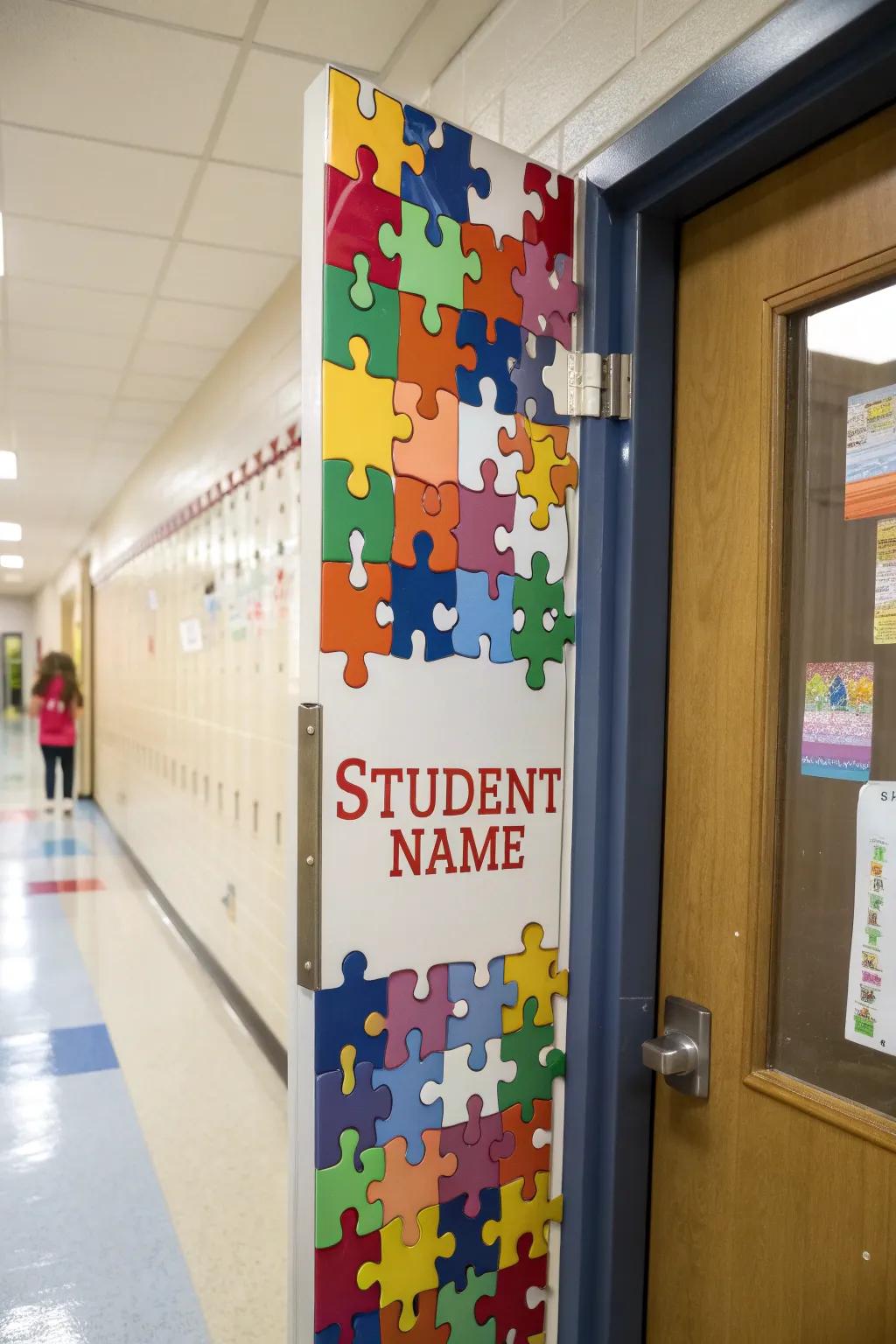 A unified classroom door featuring puzzle segments representing students.