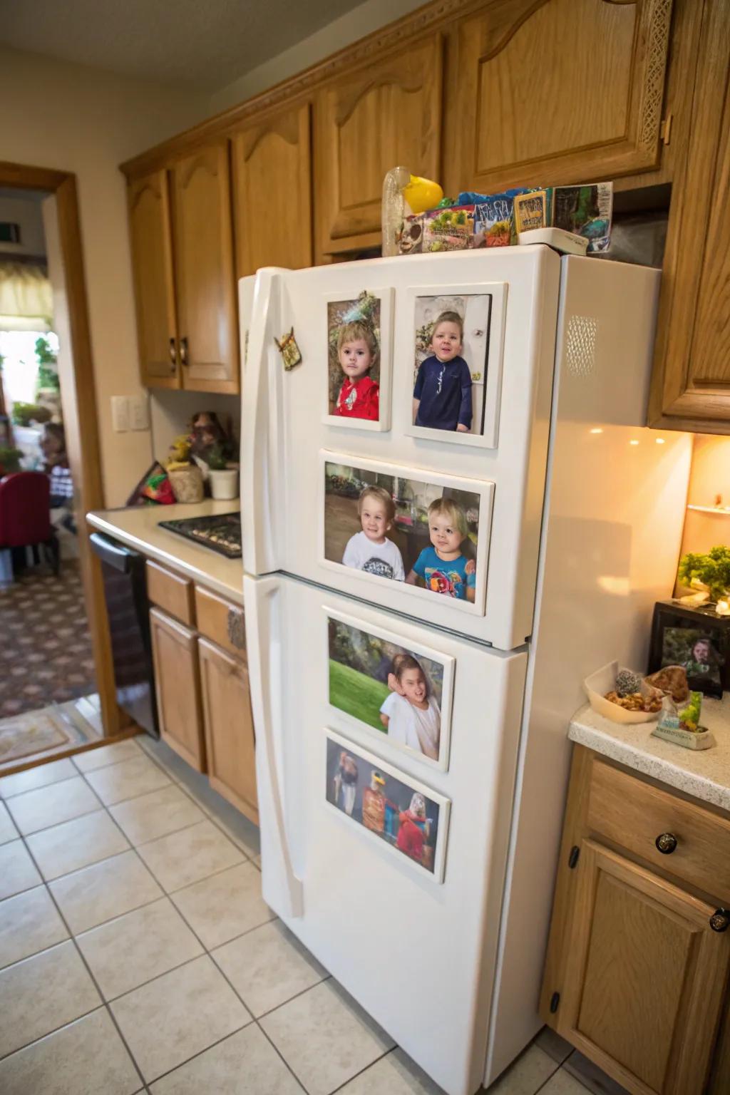 School photos make up a gallery of magnets on the refrigerator.