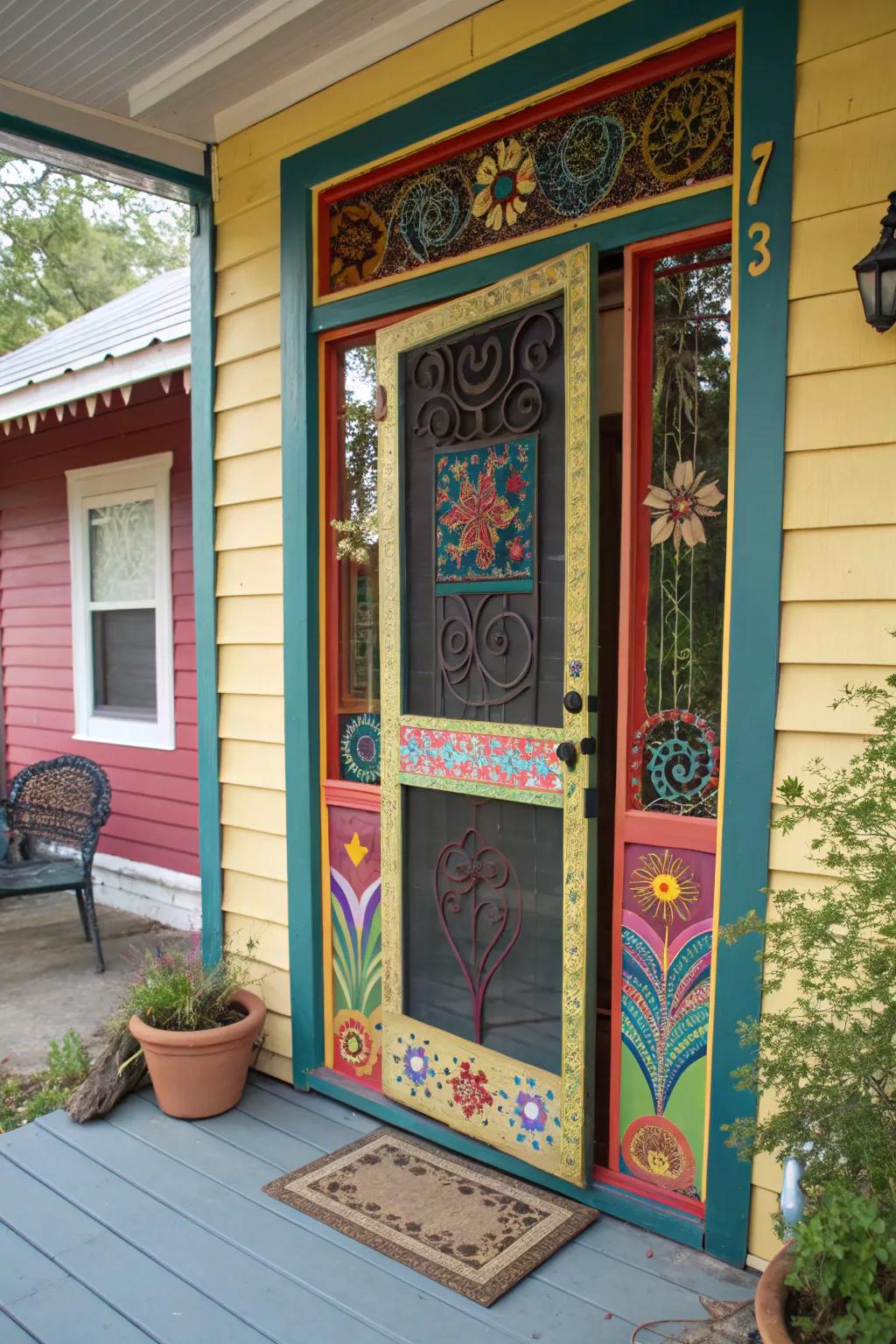 This artistic screen door serves as a canvas for creative expression.