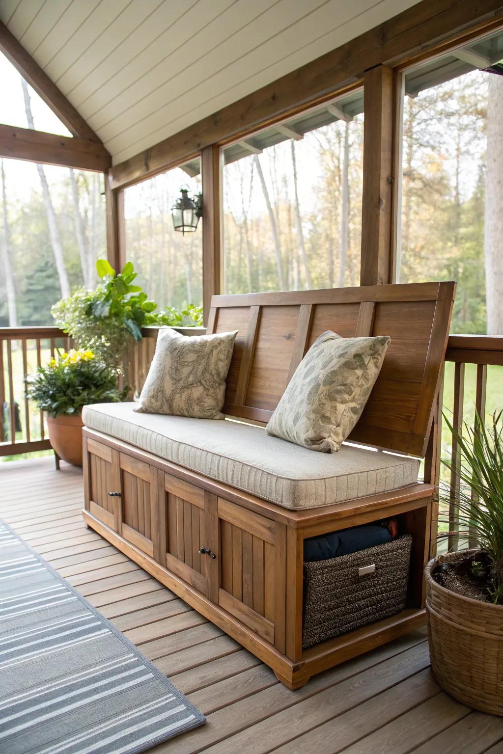 The storage bench offers a place to sit and store items.