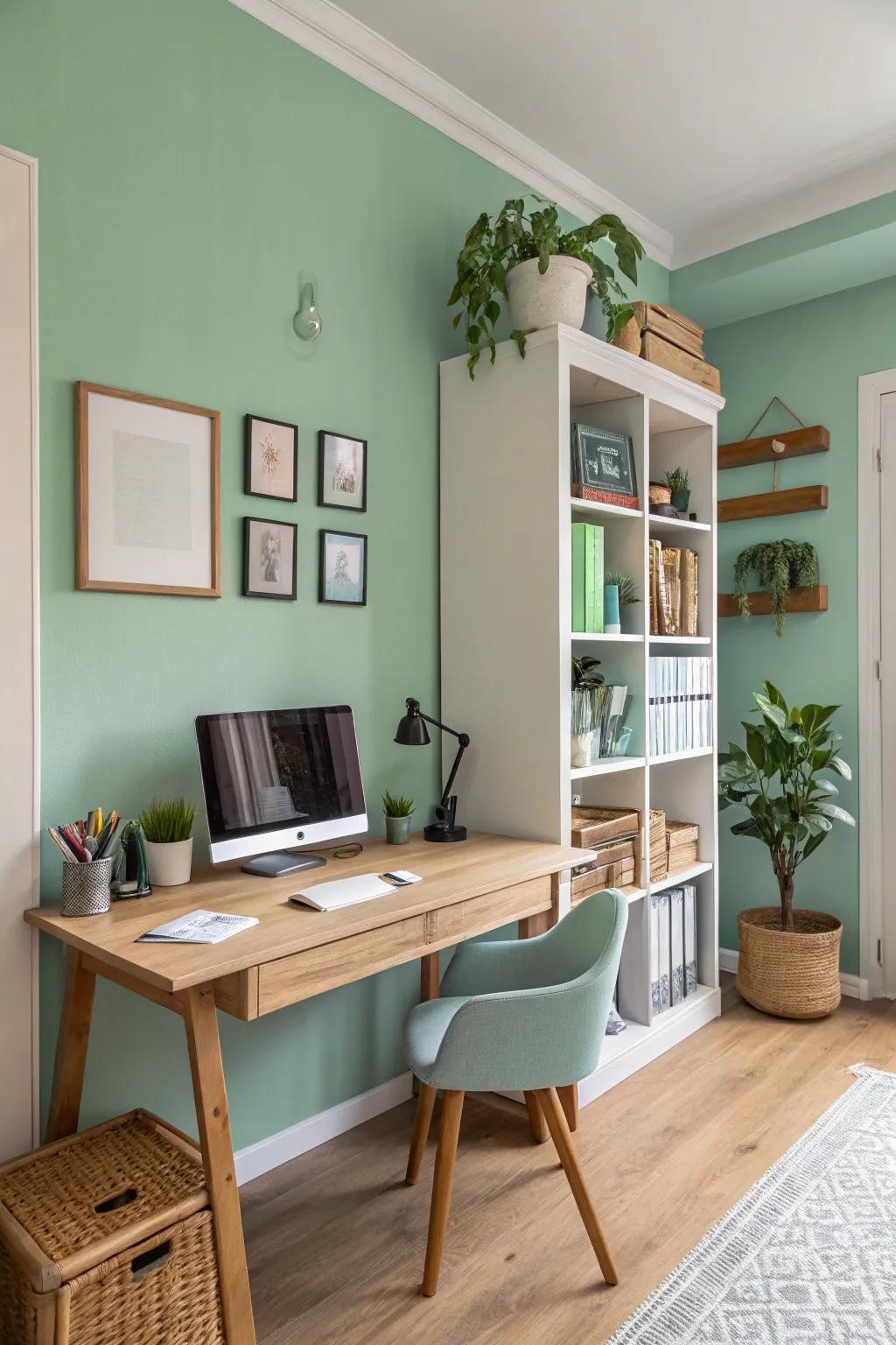 A calming home office features seafoam green walls to amplify productivity.