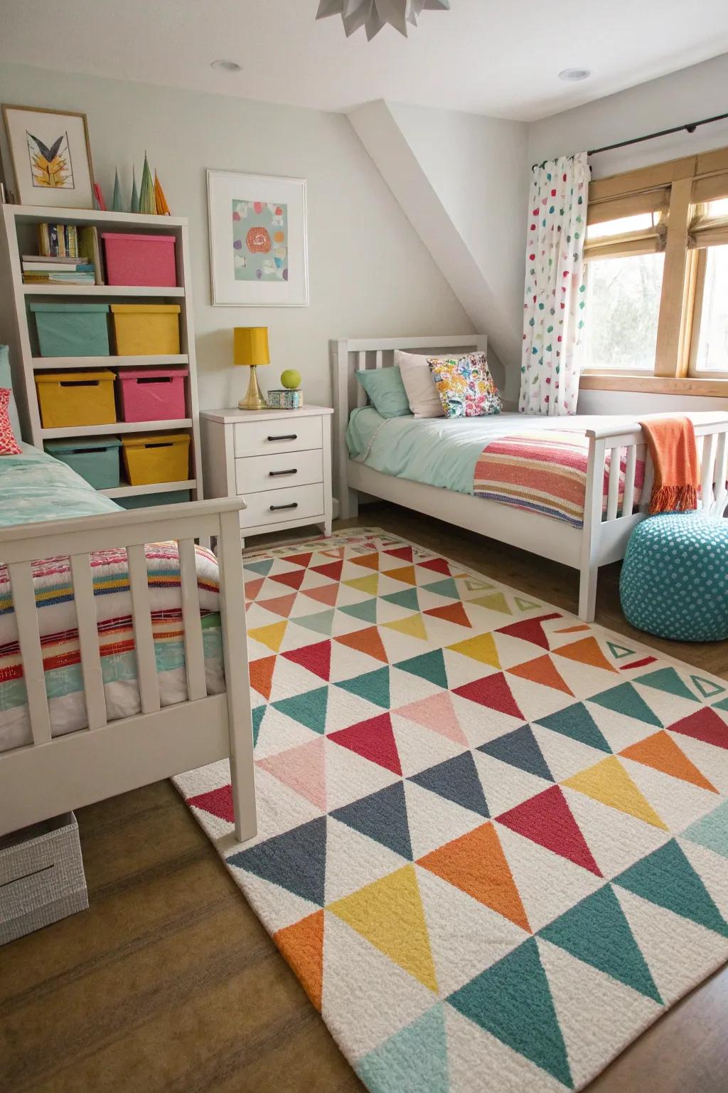 Patterned floor coverings define space while adding a modern touch.