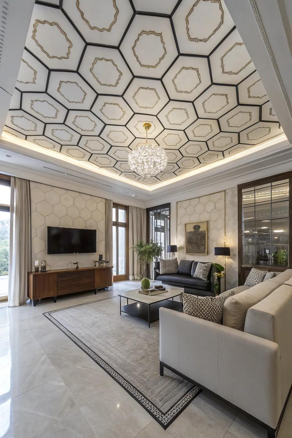Artistic hexagonal shapes in a contemporary shed ceiling.
