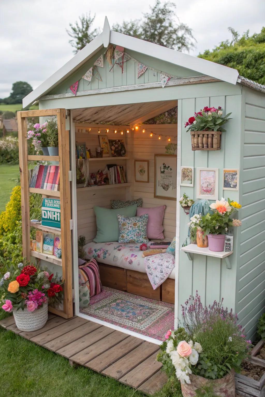 A garden shed converted into an inviting she shed sanctuary.