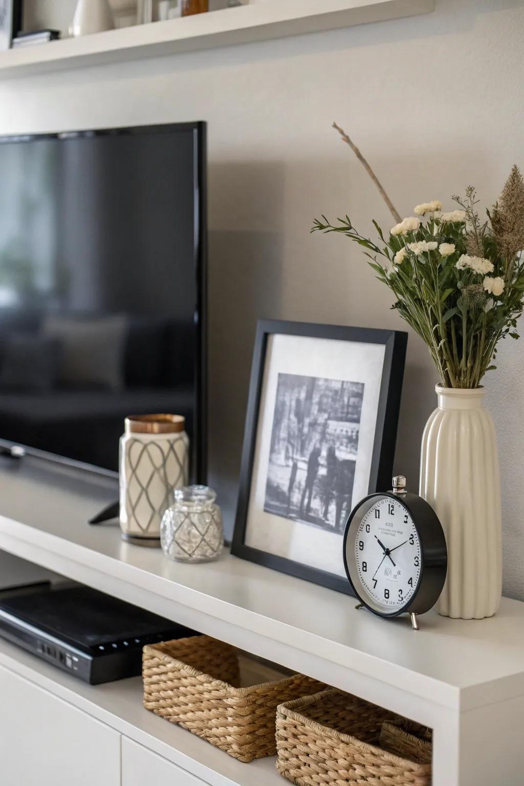 A minimalist shelf cultivates a clean and modern appearance above the TV.