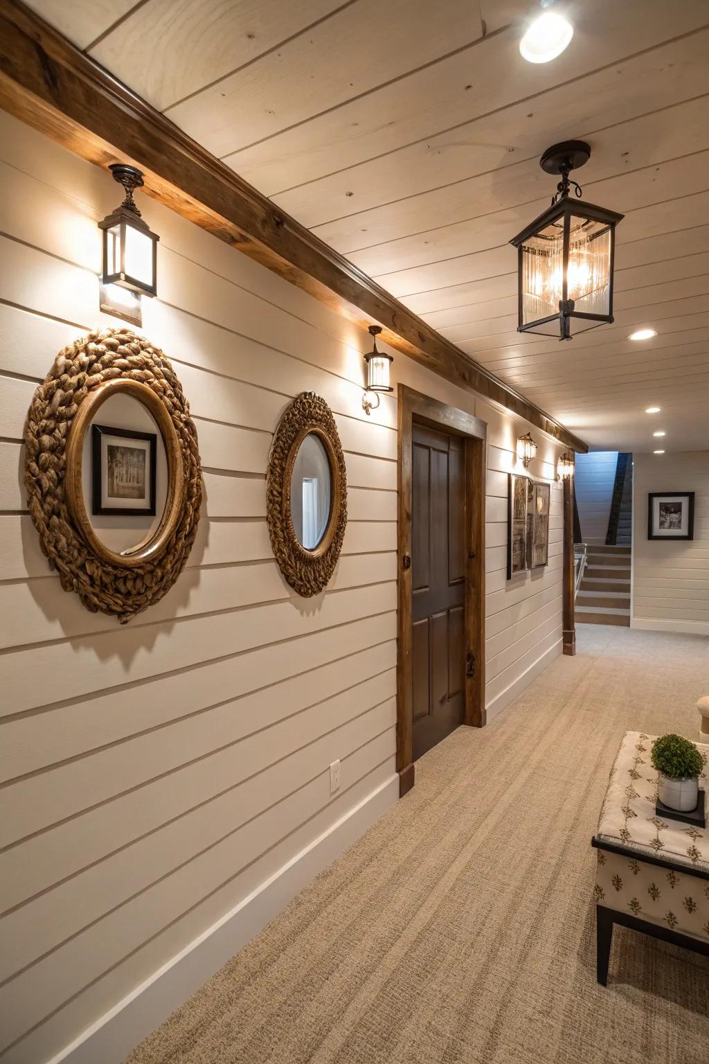 A bright basement with groove paneling walls and mirrors to improve light.