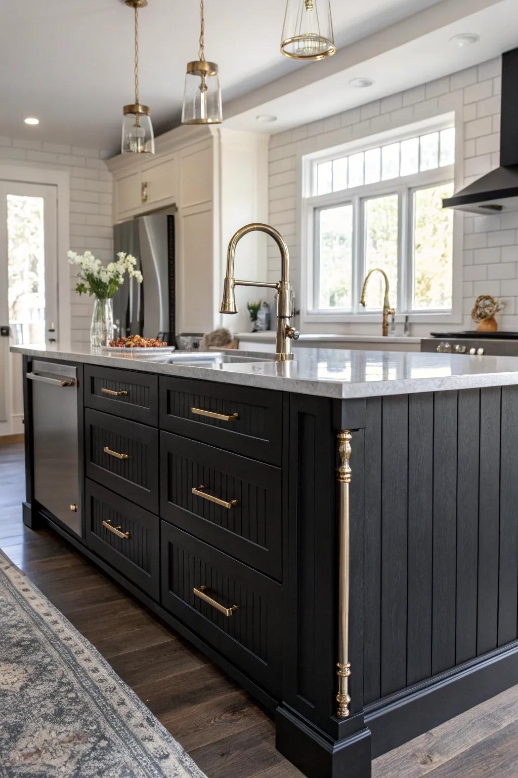 Elegant black horizontal panel island featuring fashionable metallic highlights.