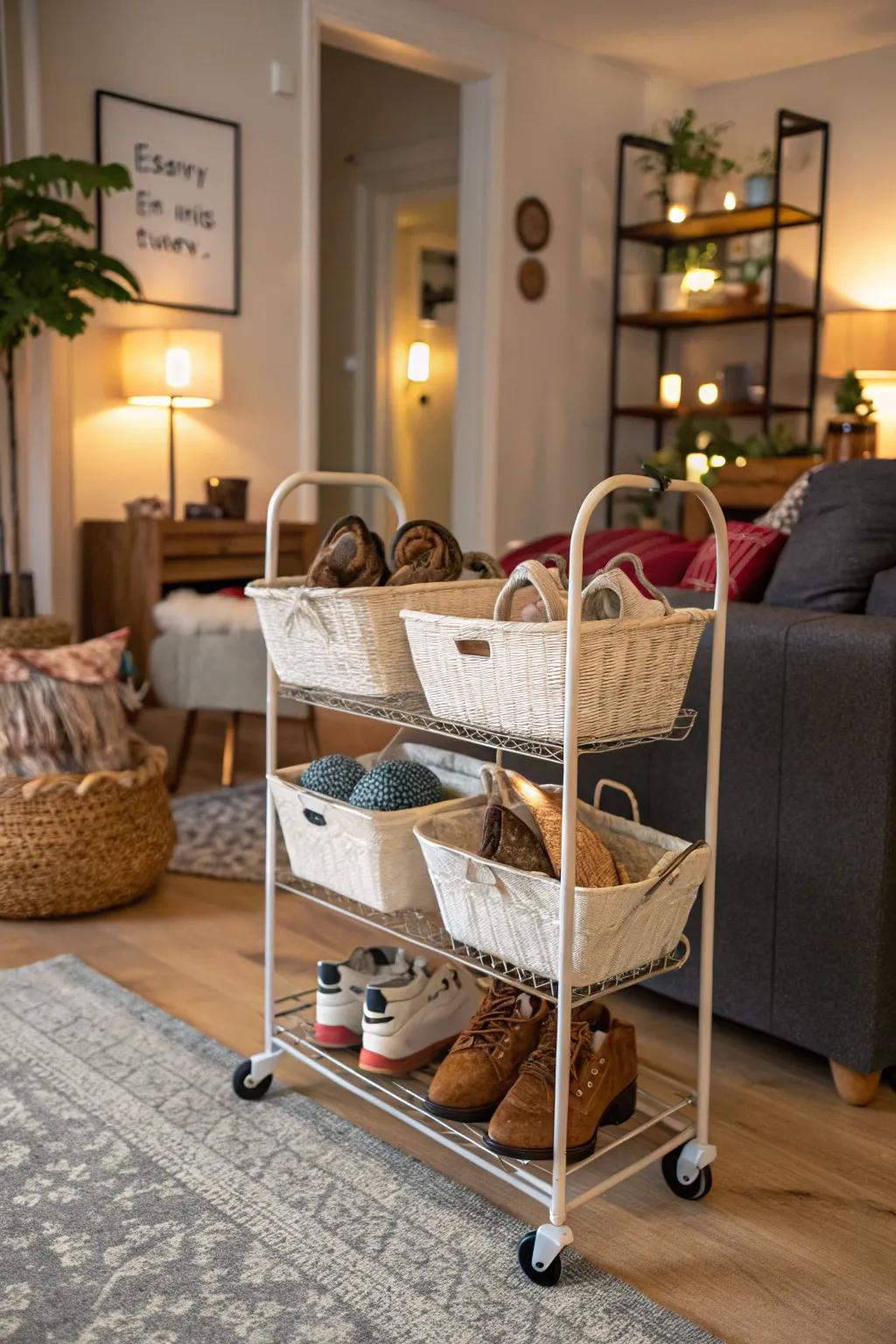 A rolling basket cart provides adaptable and mobile shoe storage.