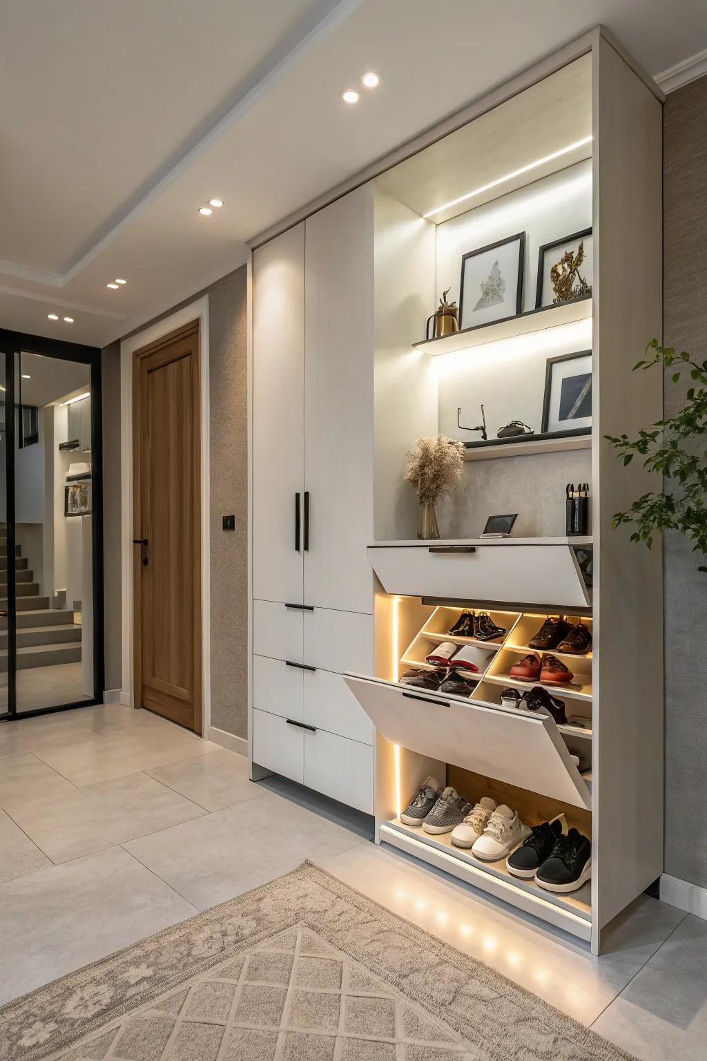 A modern floating shoe cabinet creating an open and airy feel.