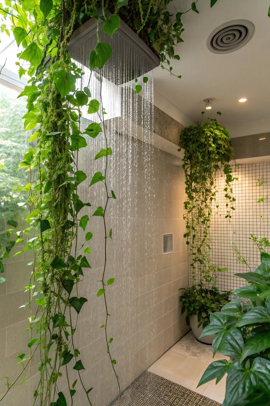 Dangling plants introduce a refreshing organic element.