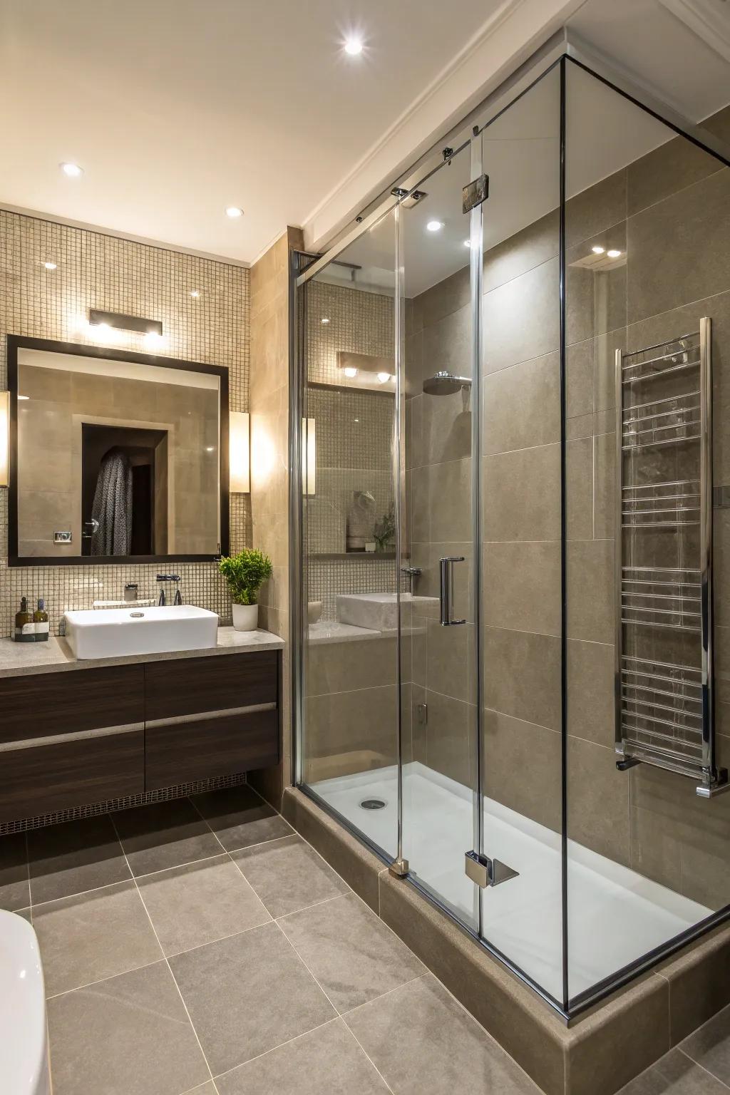 Colored glass cabinets offer privacy with a stylish twist.