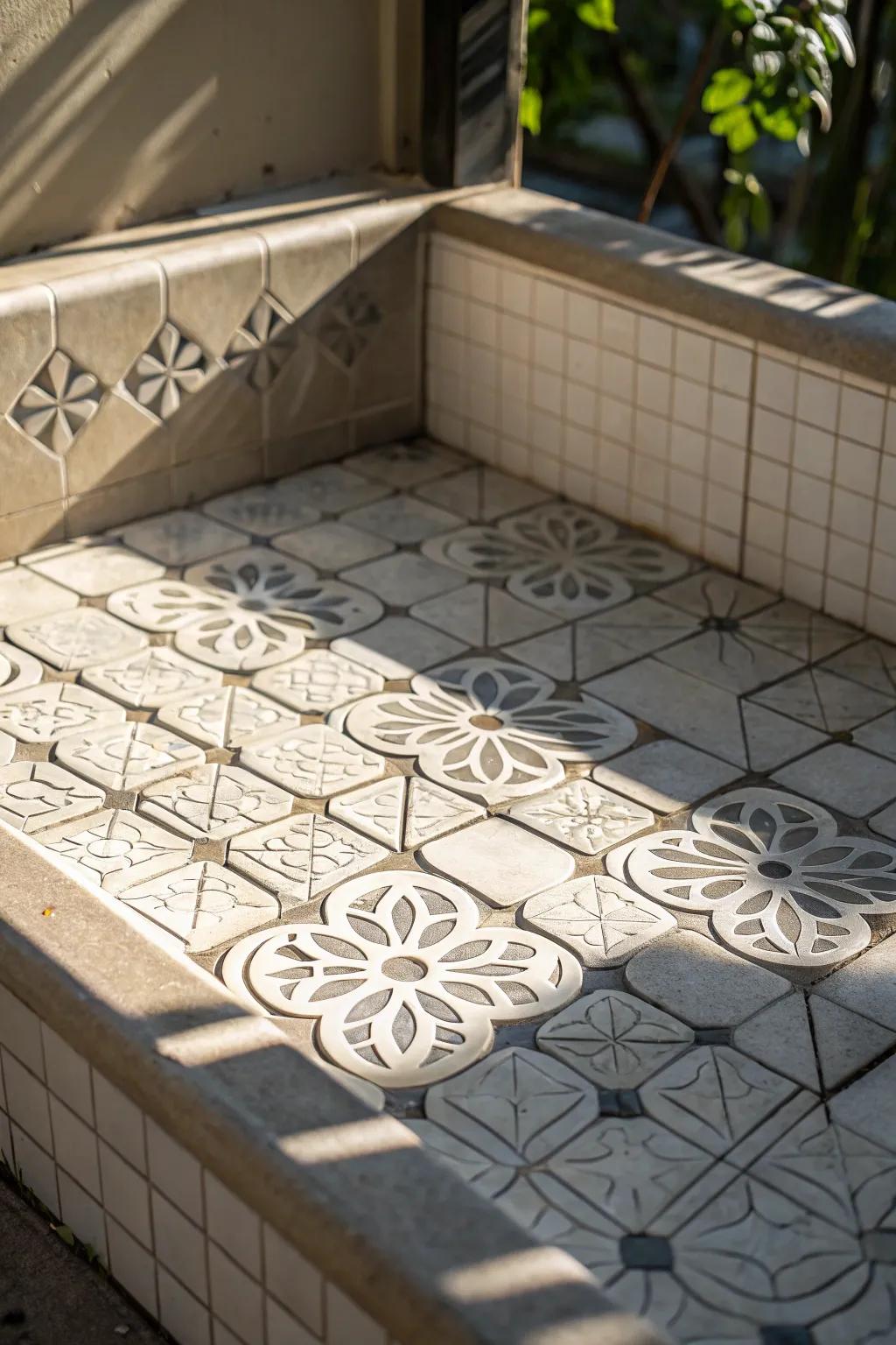 Three-dimensional tiles on this shower base add dimension and create captivating light and shadow effects.