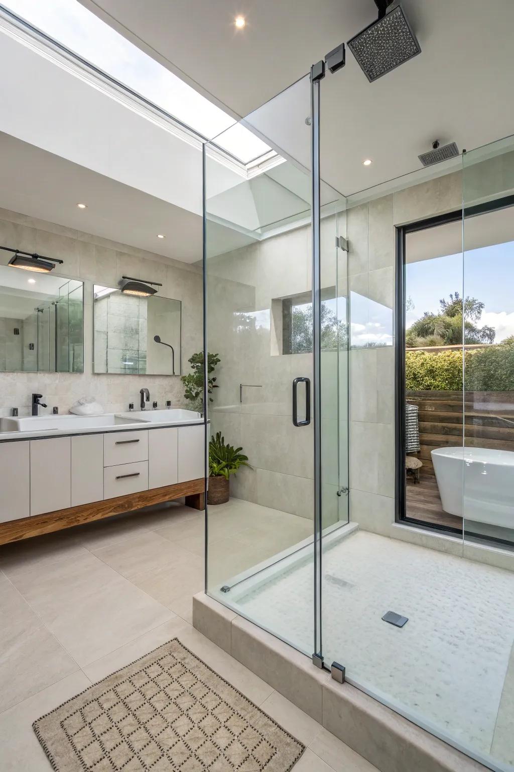 A smooth and modern shower room with borderless glass screens.