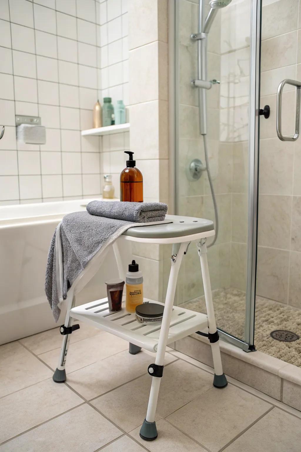 Shower stools offer a dual-purpose solution for seating and storage.