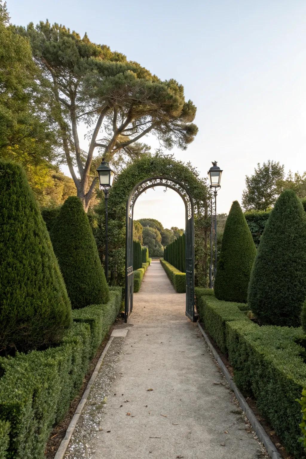 Symmetrical shrub plantings establish an inviting and impressive garden entrance.