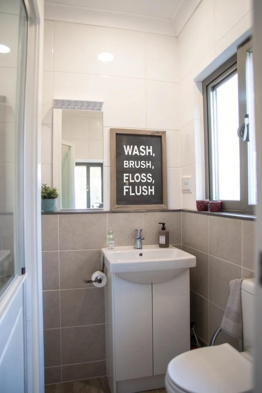 A bathroom featuring a humorous 'Wash, Brush, Floss, Flush' board.