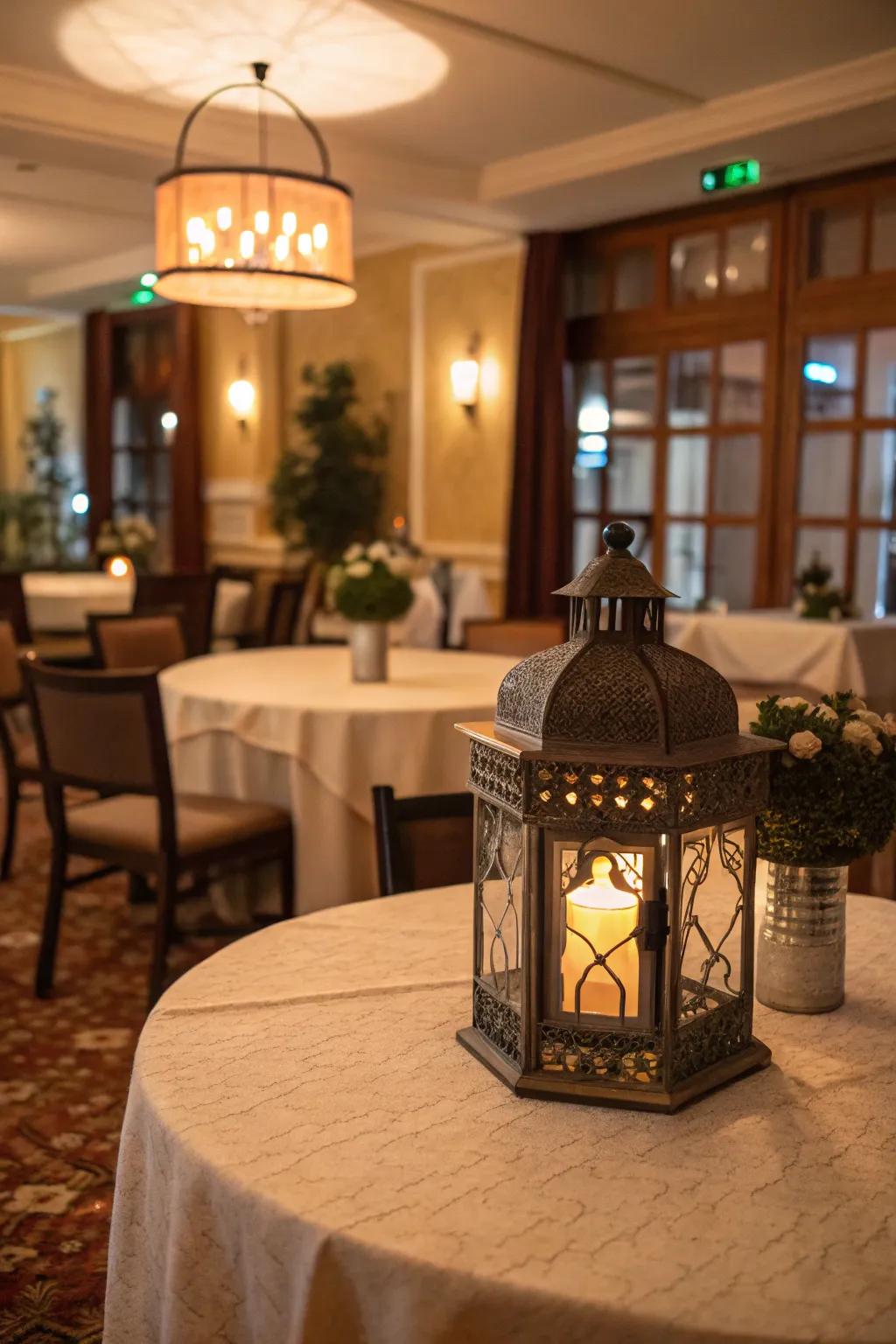 A lantern with LED lights provides a snug and stylish centerpiece.
