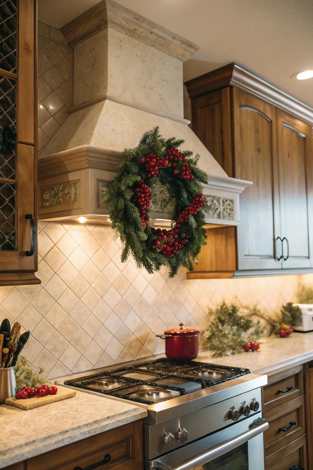 A celebratory adornment upon the cooking range shroud appends elegance.
