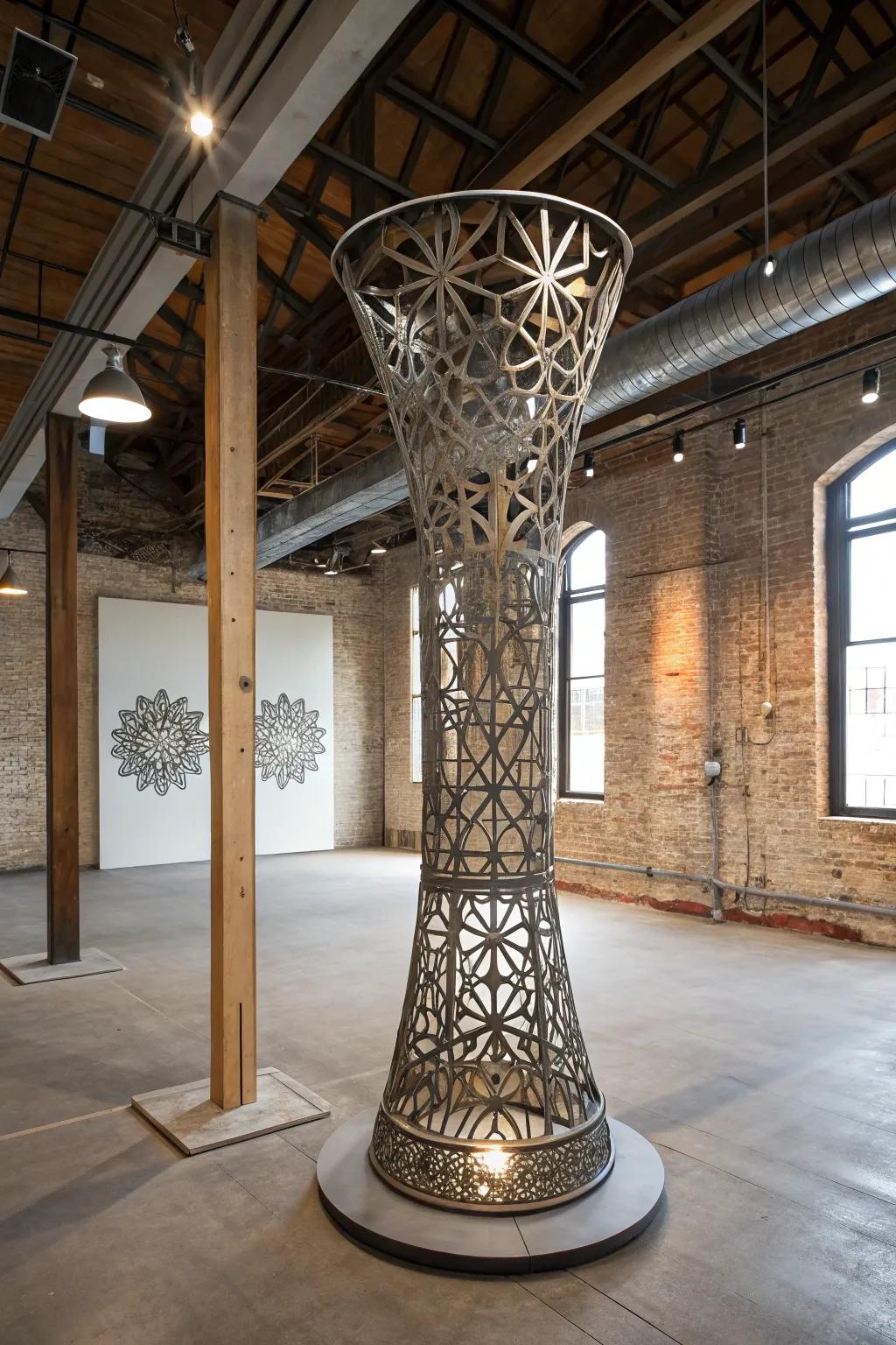 A metal sculpture with fractal designs adds a contemporary feel to a loft.