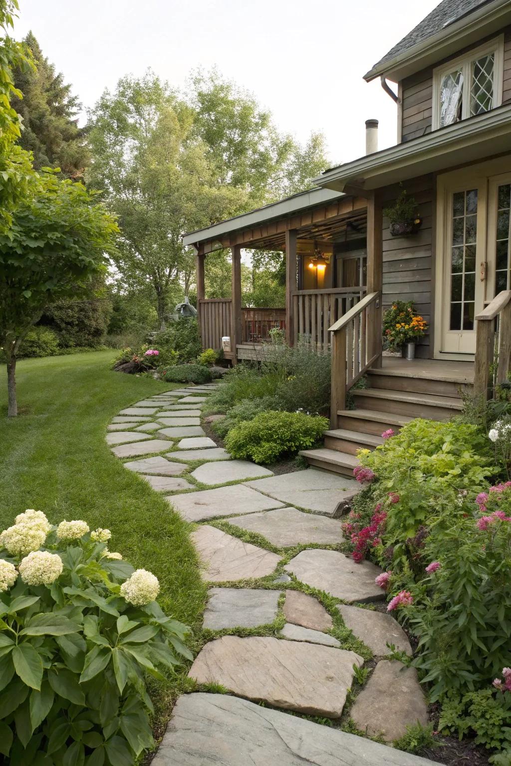 The deck is enhanced with texture and beauty by the natural stone walkway.