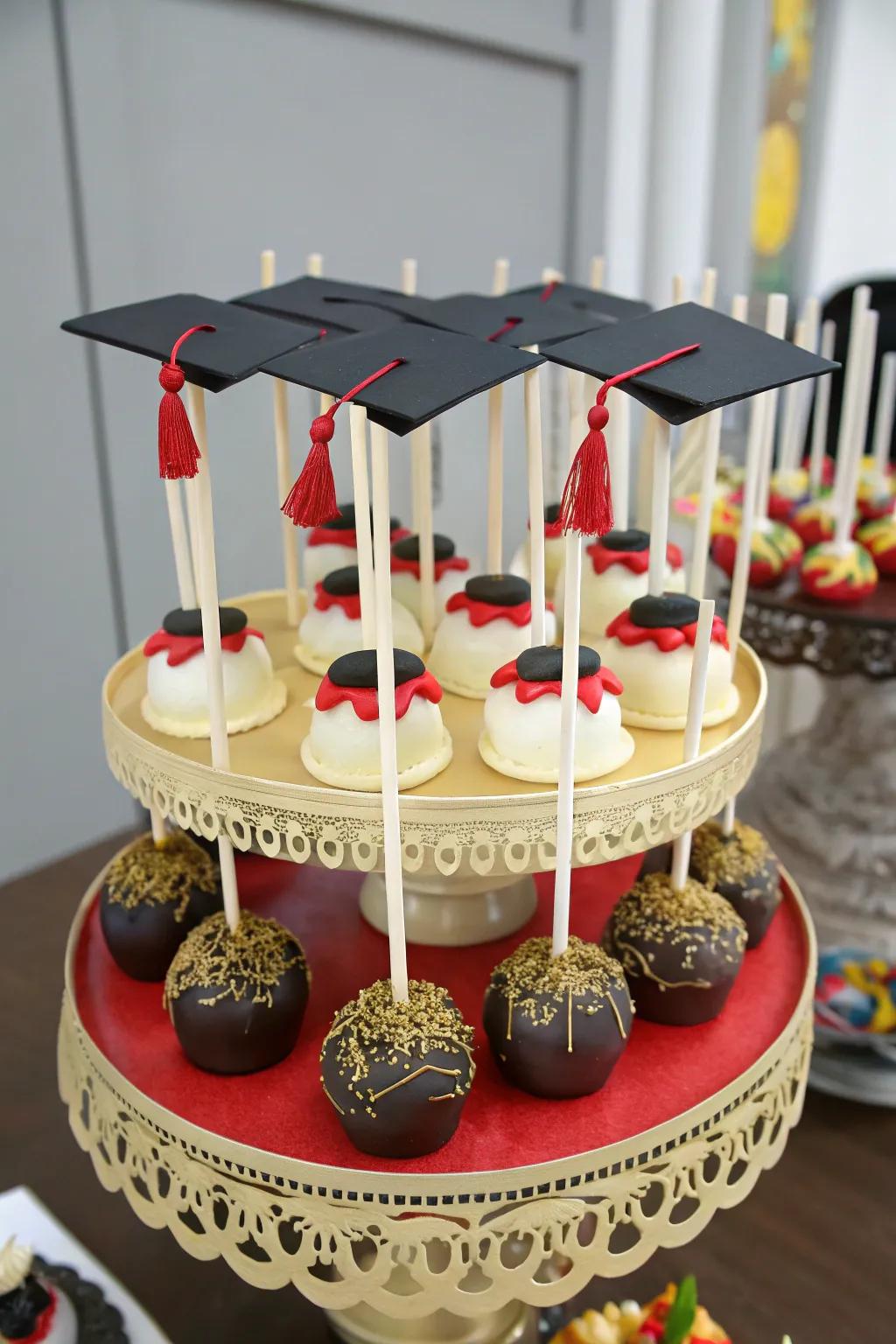 Charming graduation designed lollipops bringing charm to the celebration.
