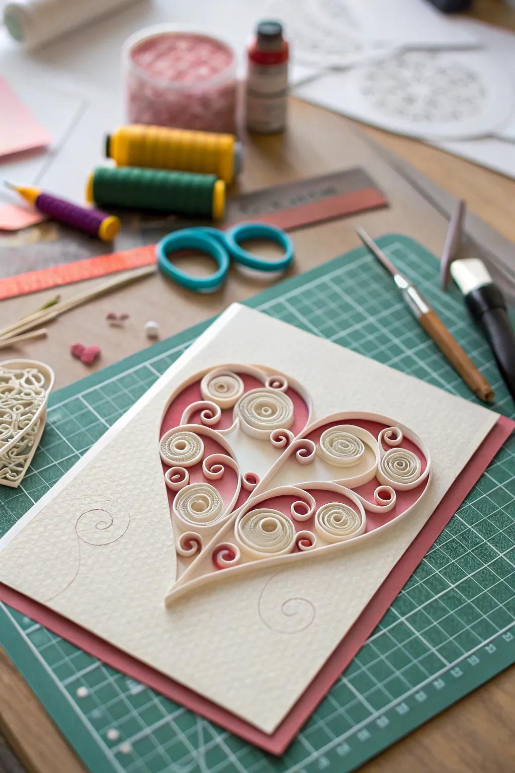 A detailed card featuring a beautifully quilled heart.