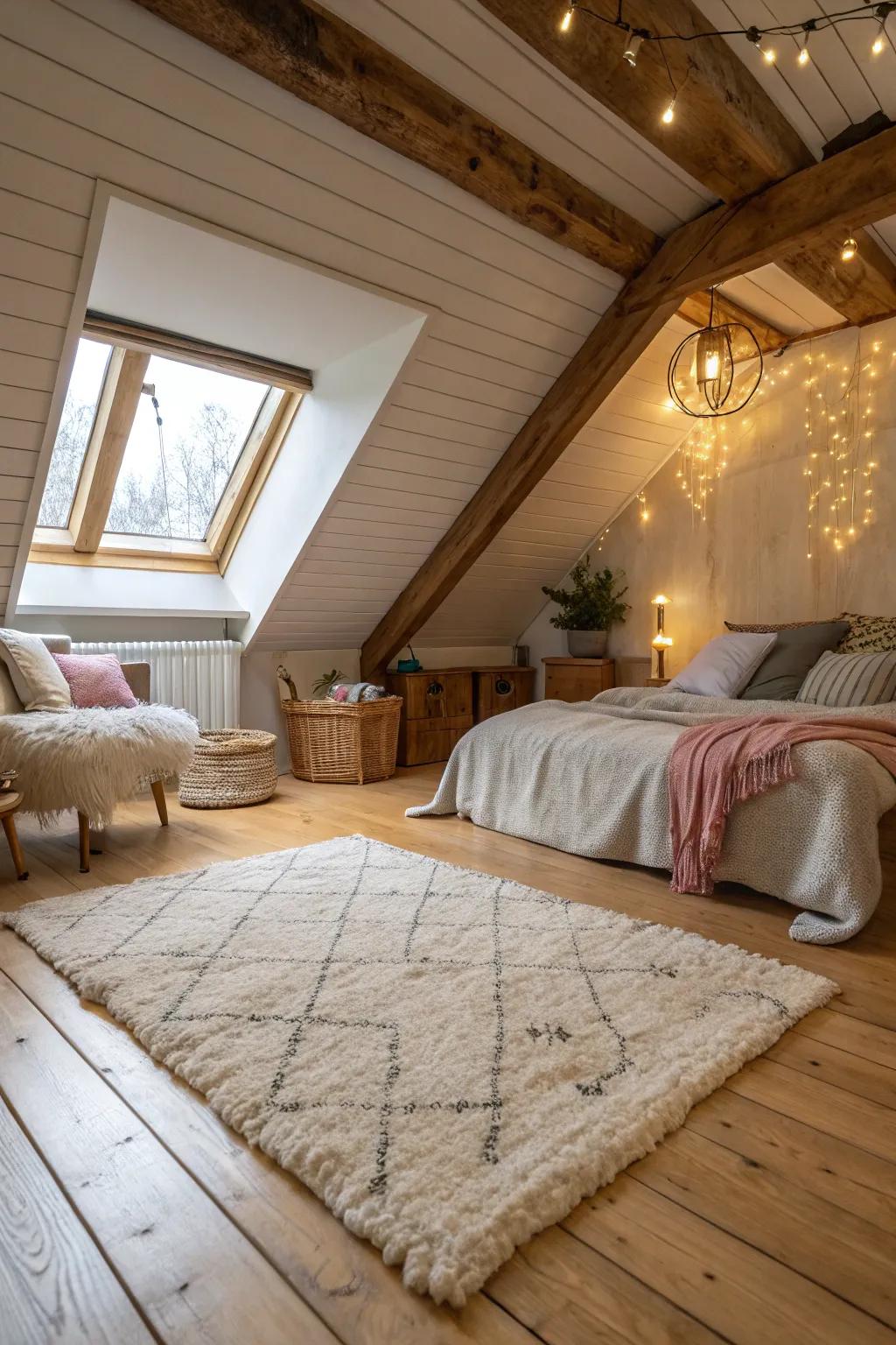 A thick pile rug adds warmth and texture to this attic bedroom.