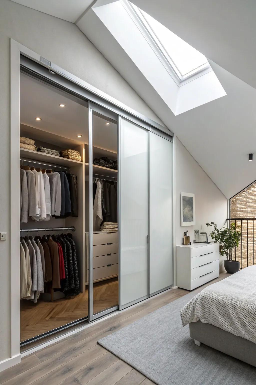 Sliding doors serve as a space-saving solution ideal for sloped ceiling closets.