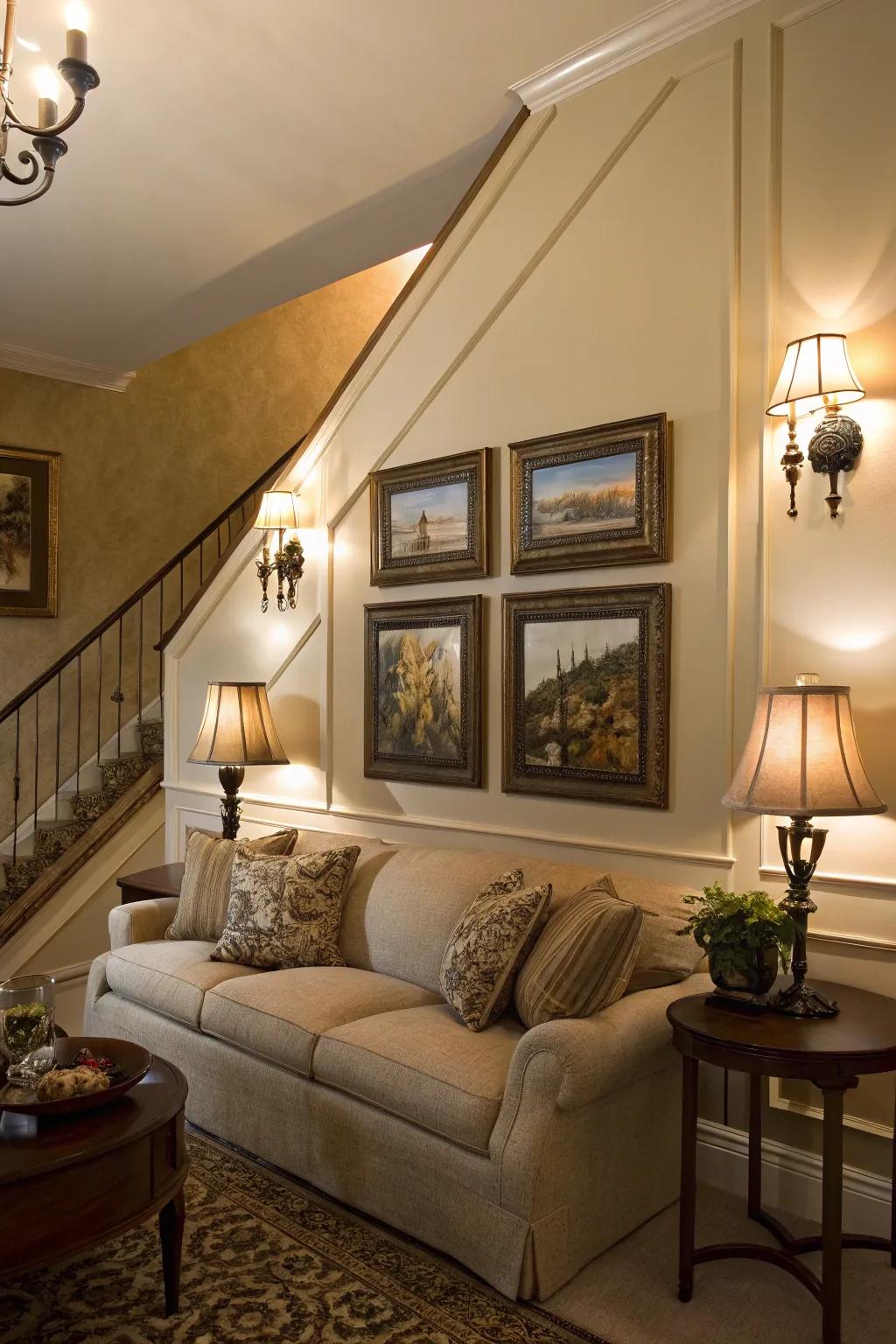 Wall mounts provide highlighted lighting that stresses structural details.