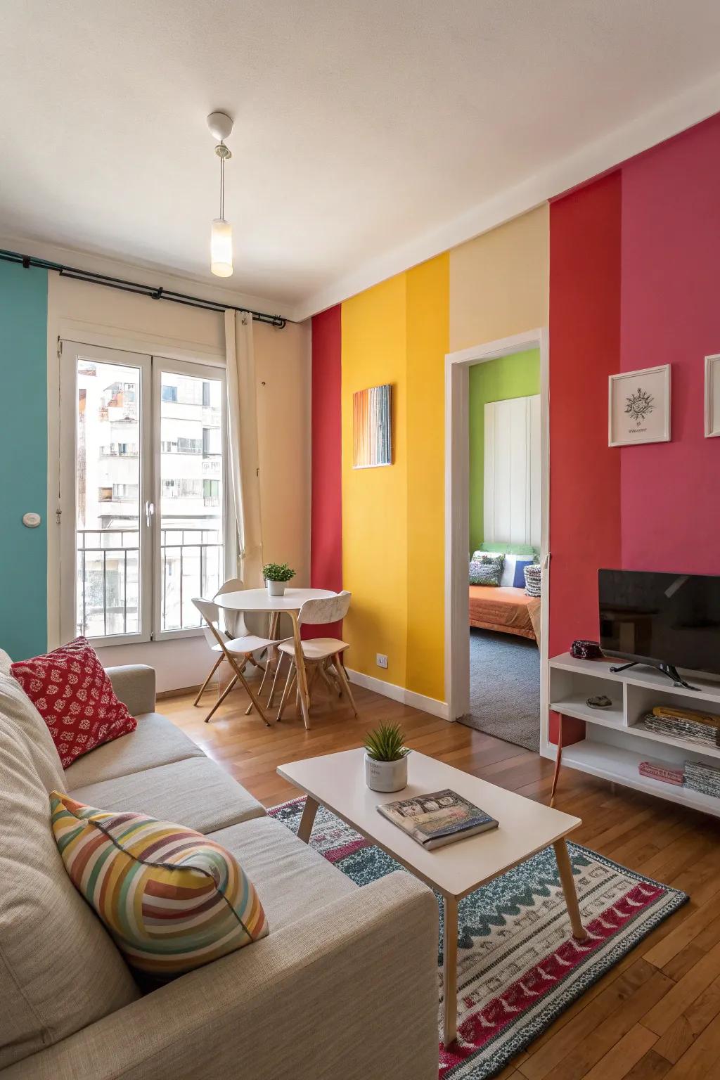 Hue accents define spaces within a small apartment.