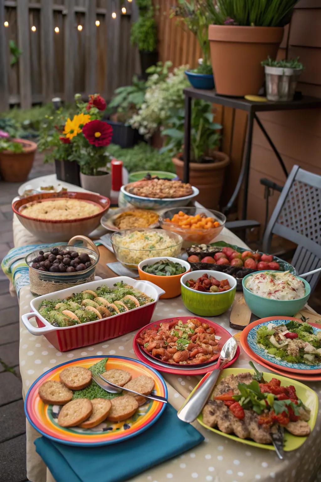 A diverse shared dinner with homemade dishes