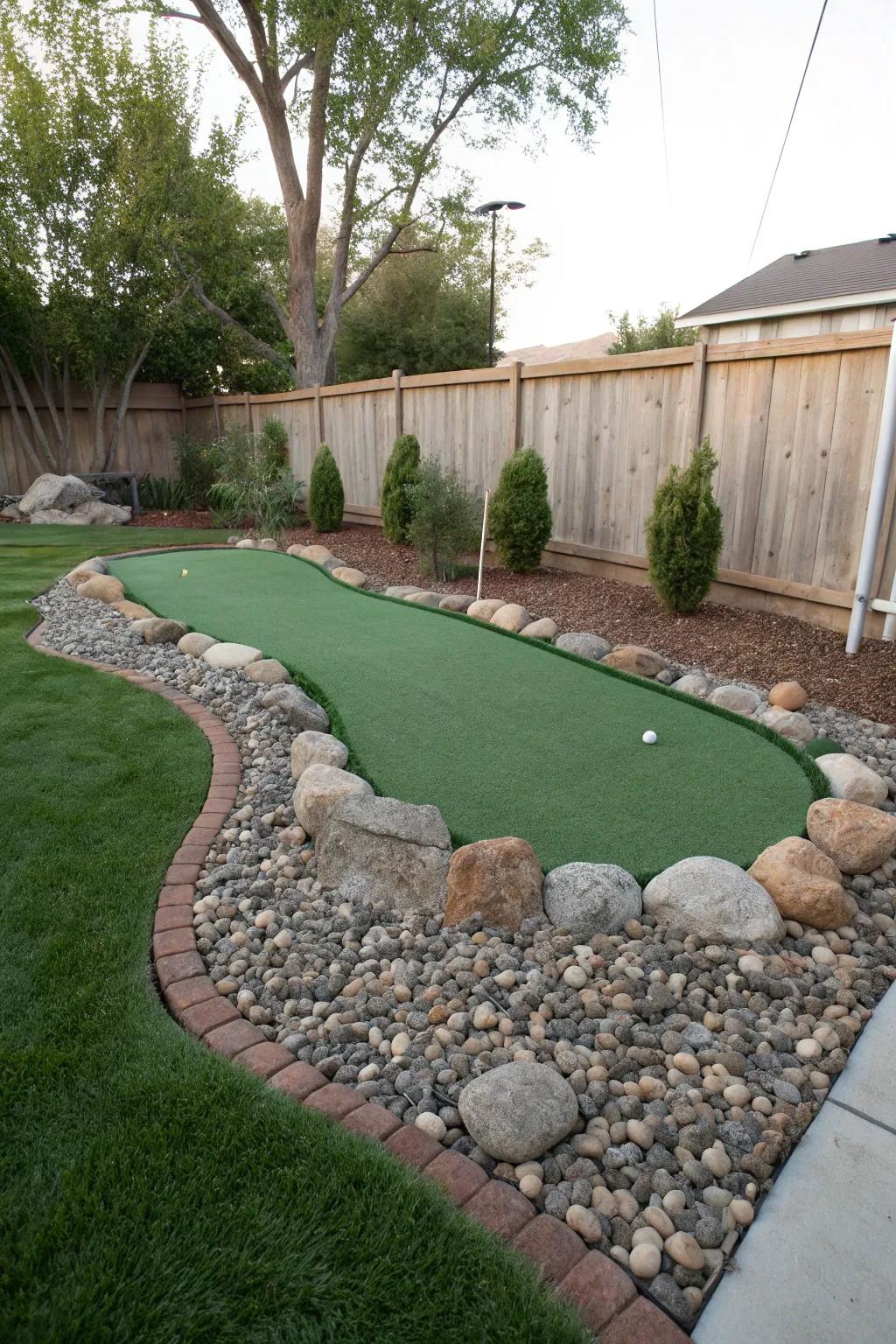 A putting green framed with decorative rocks for a natural aesthetic.