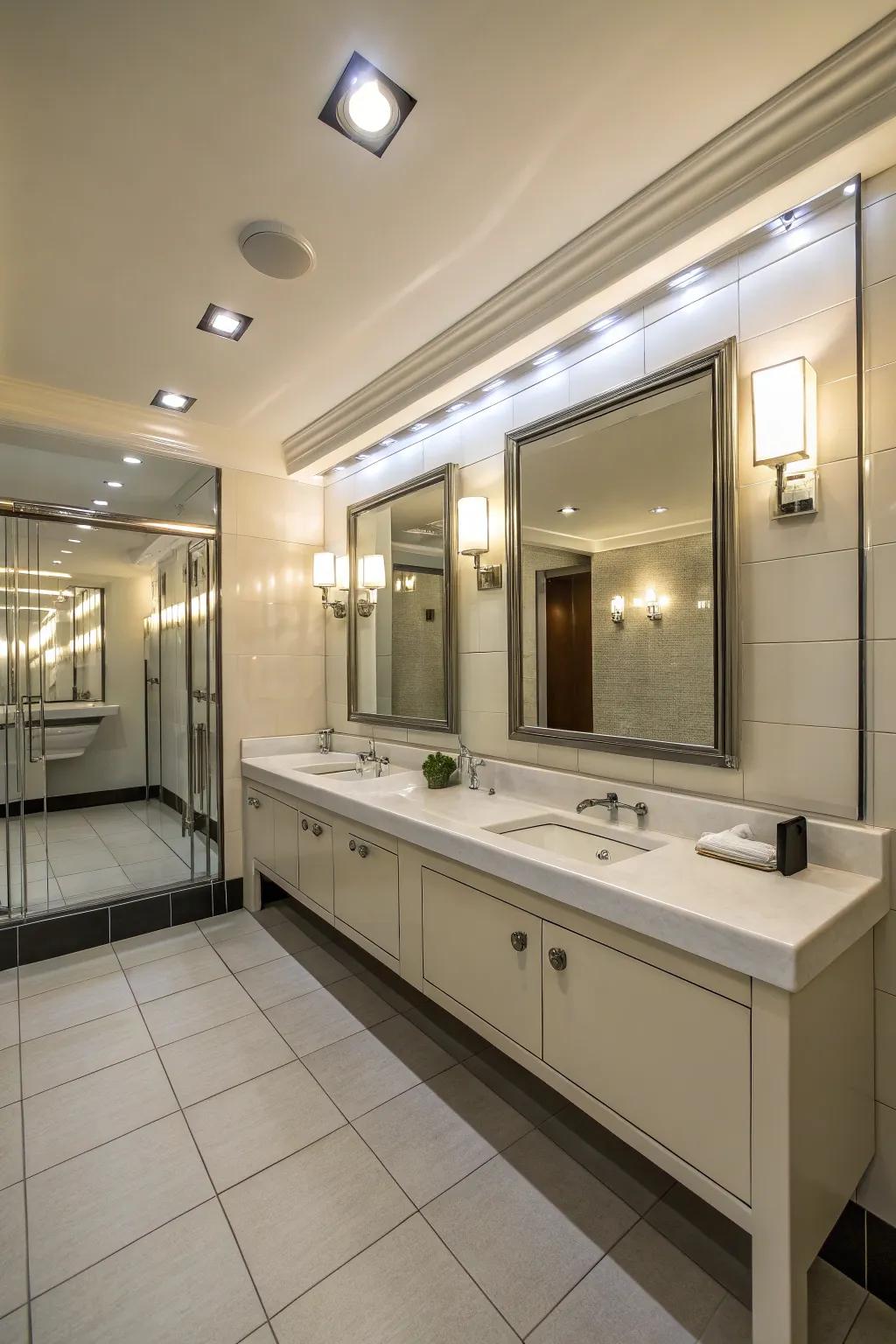 Floor-to-ceiling mirrors create an illusion of area in a small bathroom.