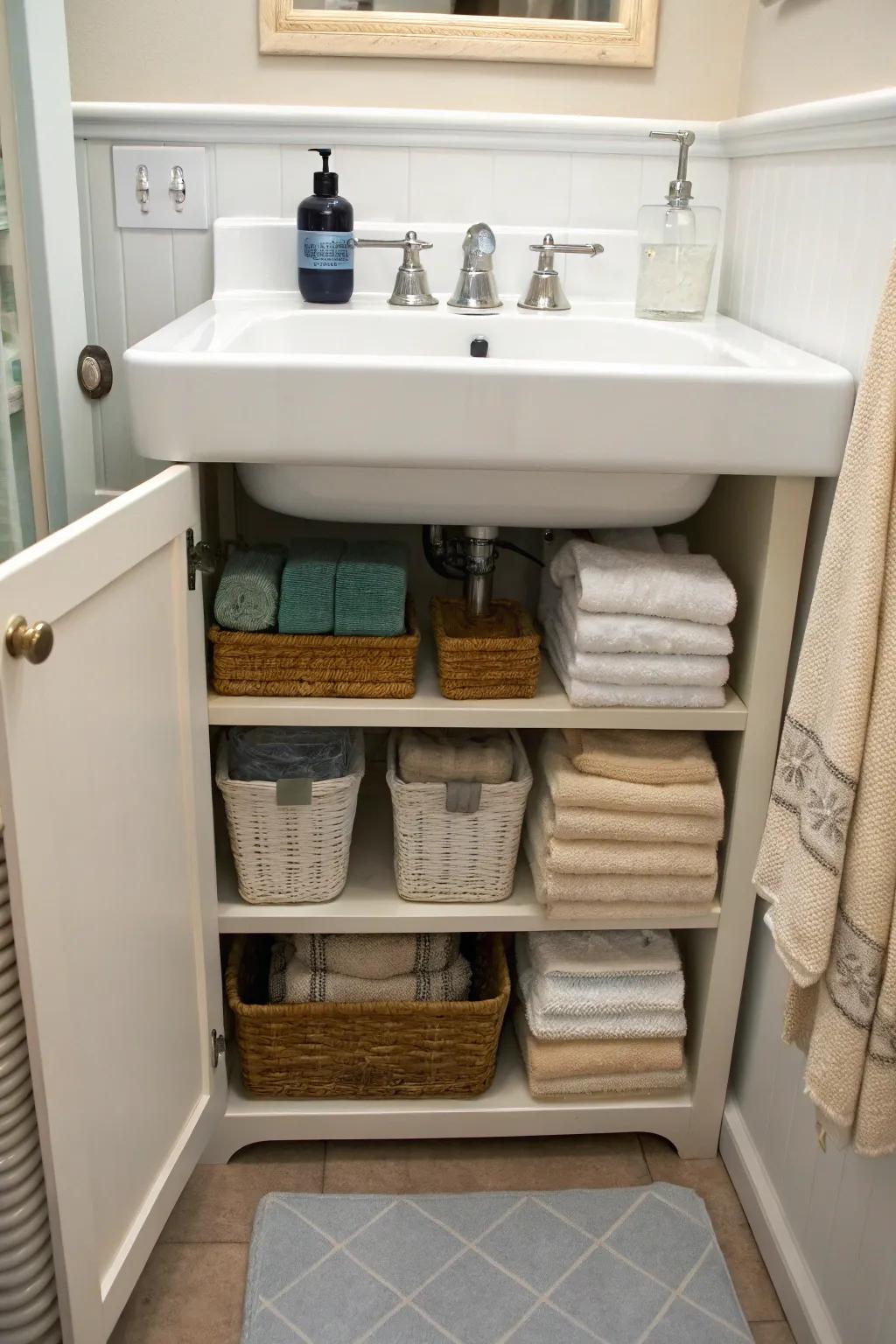 Organizers under the sink keep towels hidden but easy to get to.