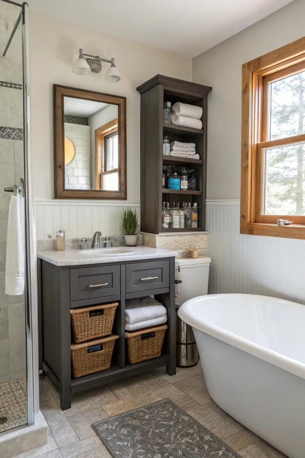 Versatile furniture maximizes space in a small bathroom.