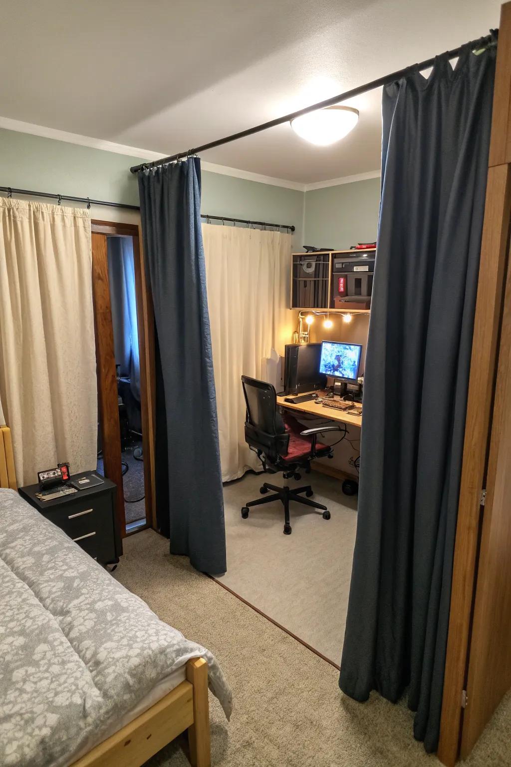 Curtains can create distinct zones in your small gaming room.