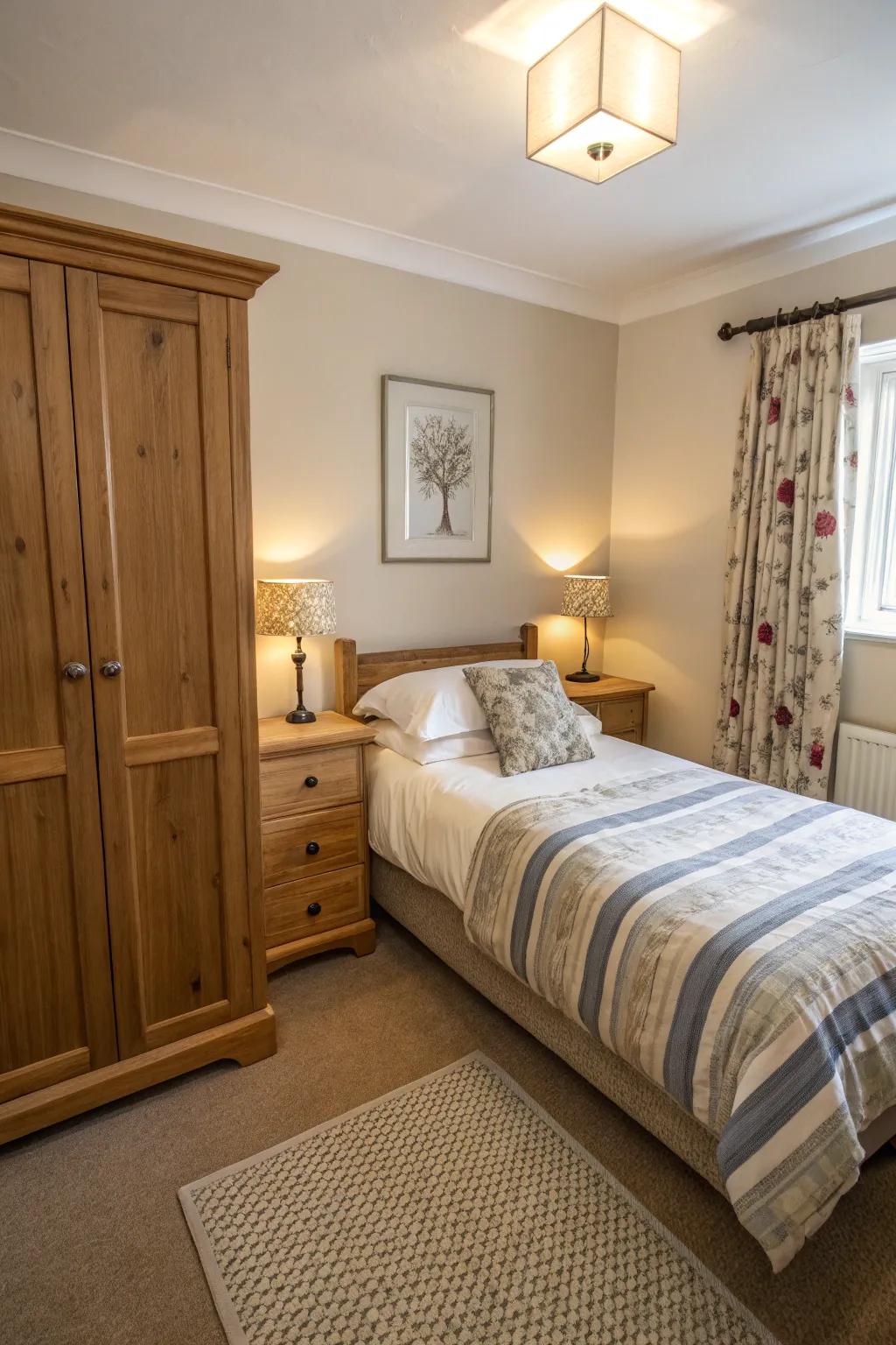 A small bedroom exhibiting furniture that is proportionate for a balanced visual.