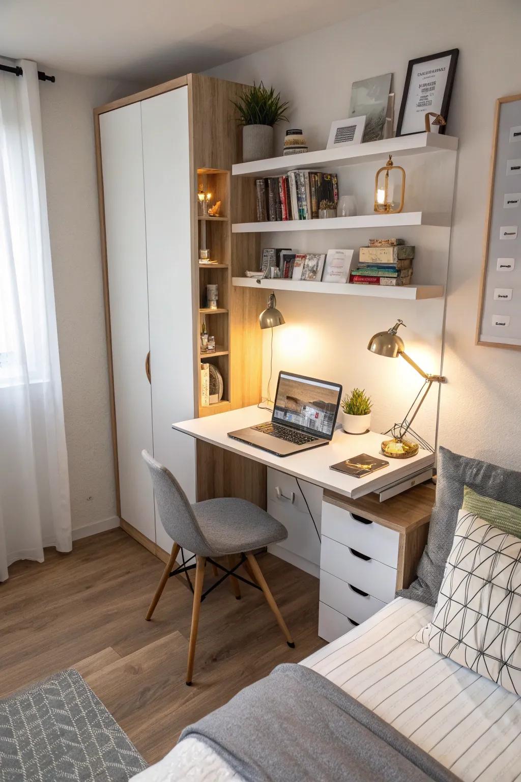 Floating desks provide flexible, space-saving options.