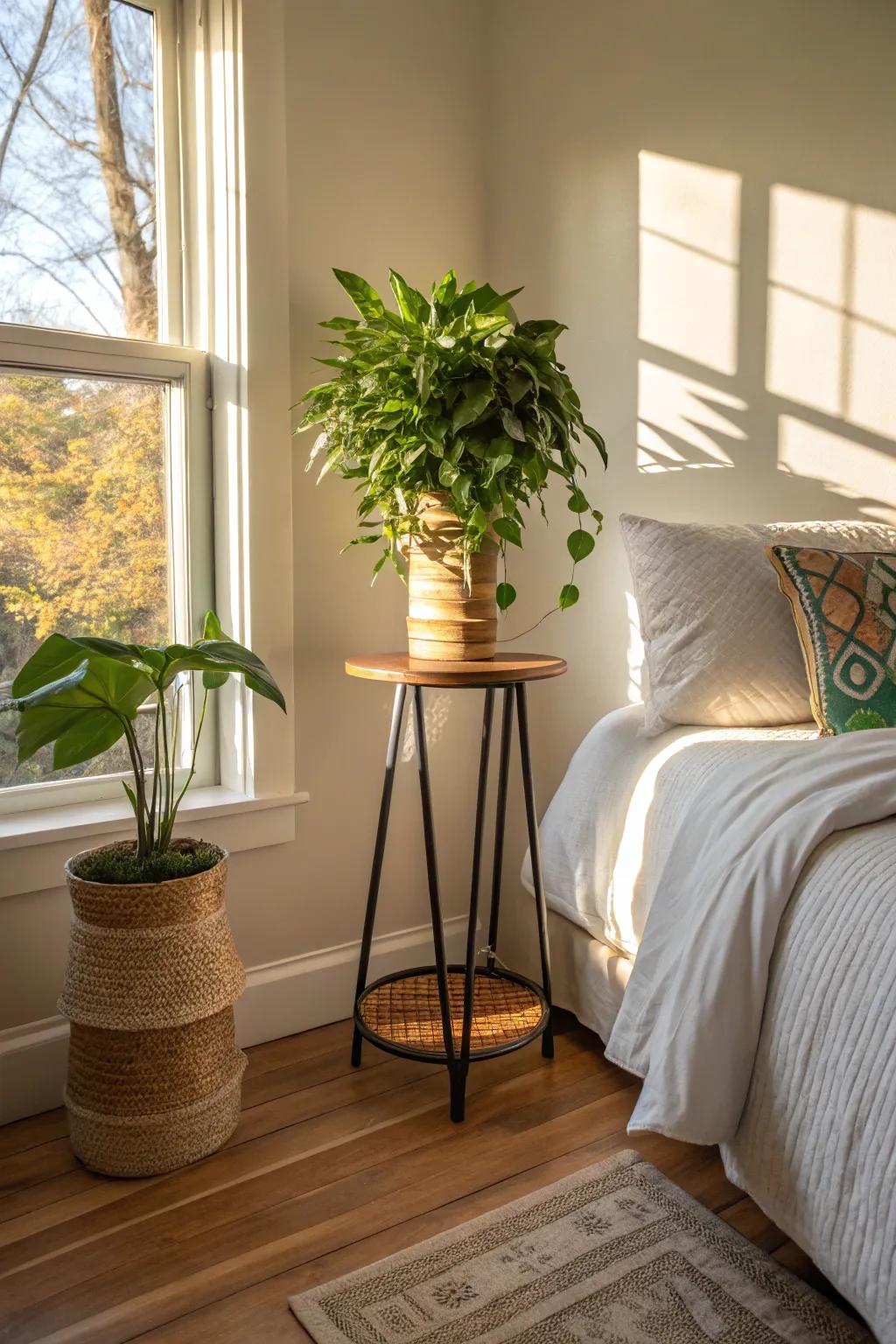 A tall plant stand adds a natural element as a bedside table.
