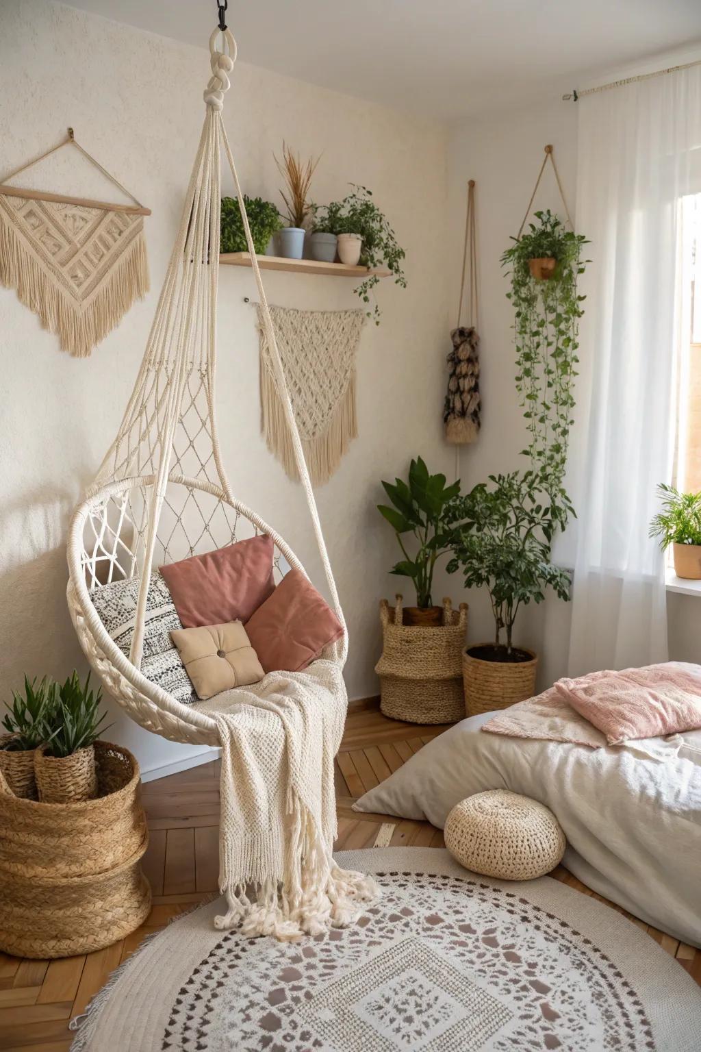 Unexpected elements like a hanging chair introduce a wow factor to this boho bedroom