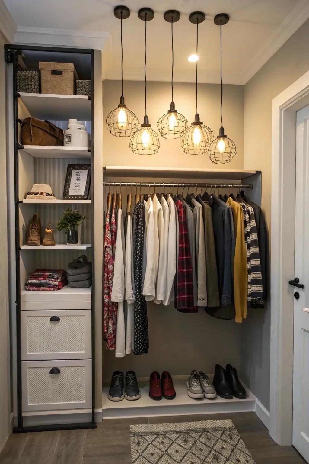 A hanging lamp adds charm and light.