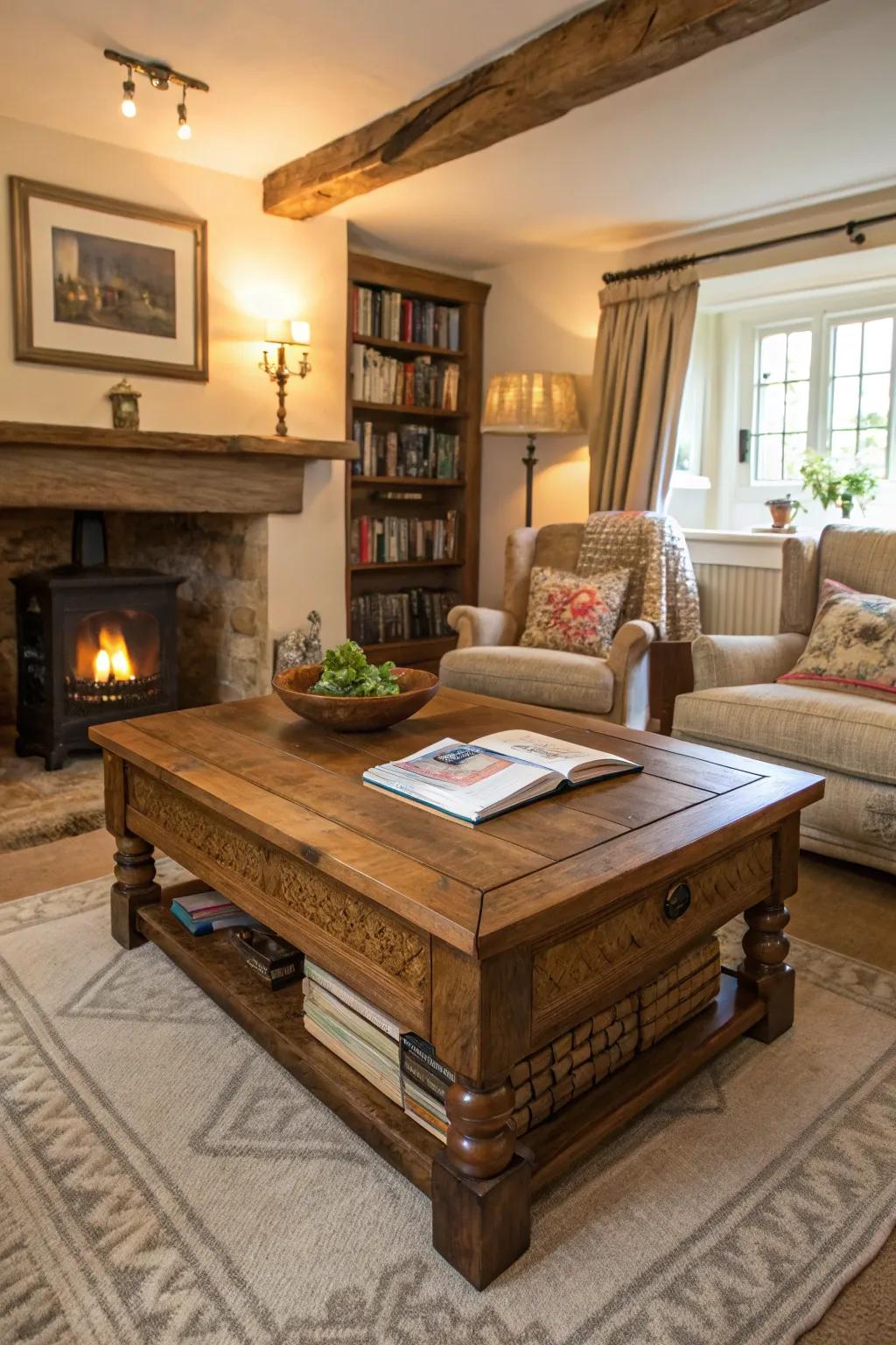 A striking coffee table anchors the room and adds character.