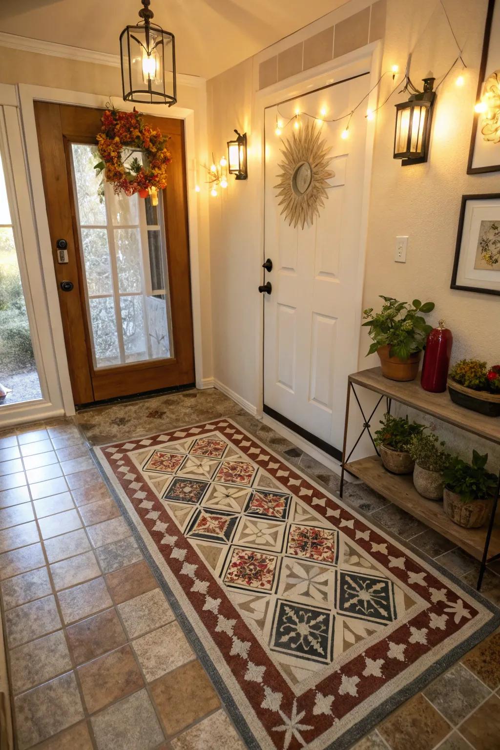Comforting and Inviting Entryway with Patterned Floor Coverings