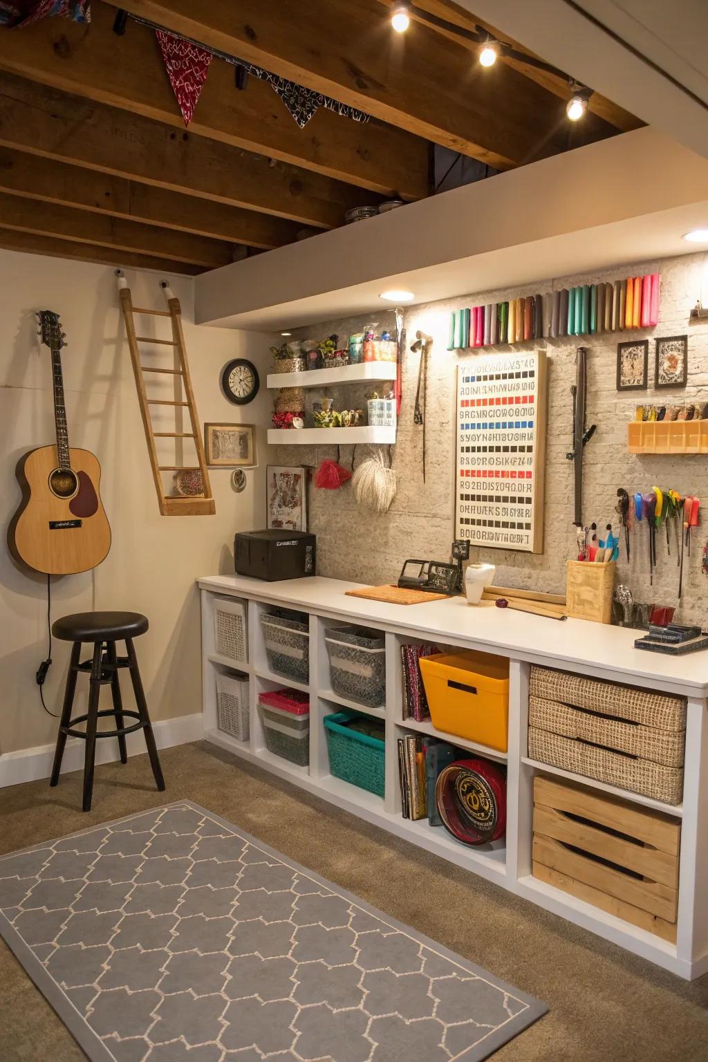 Create a dedicated area for your hobbies in the basement.