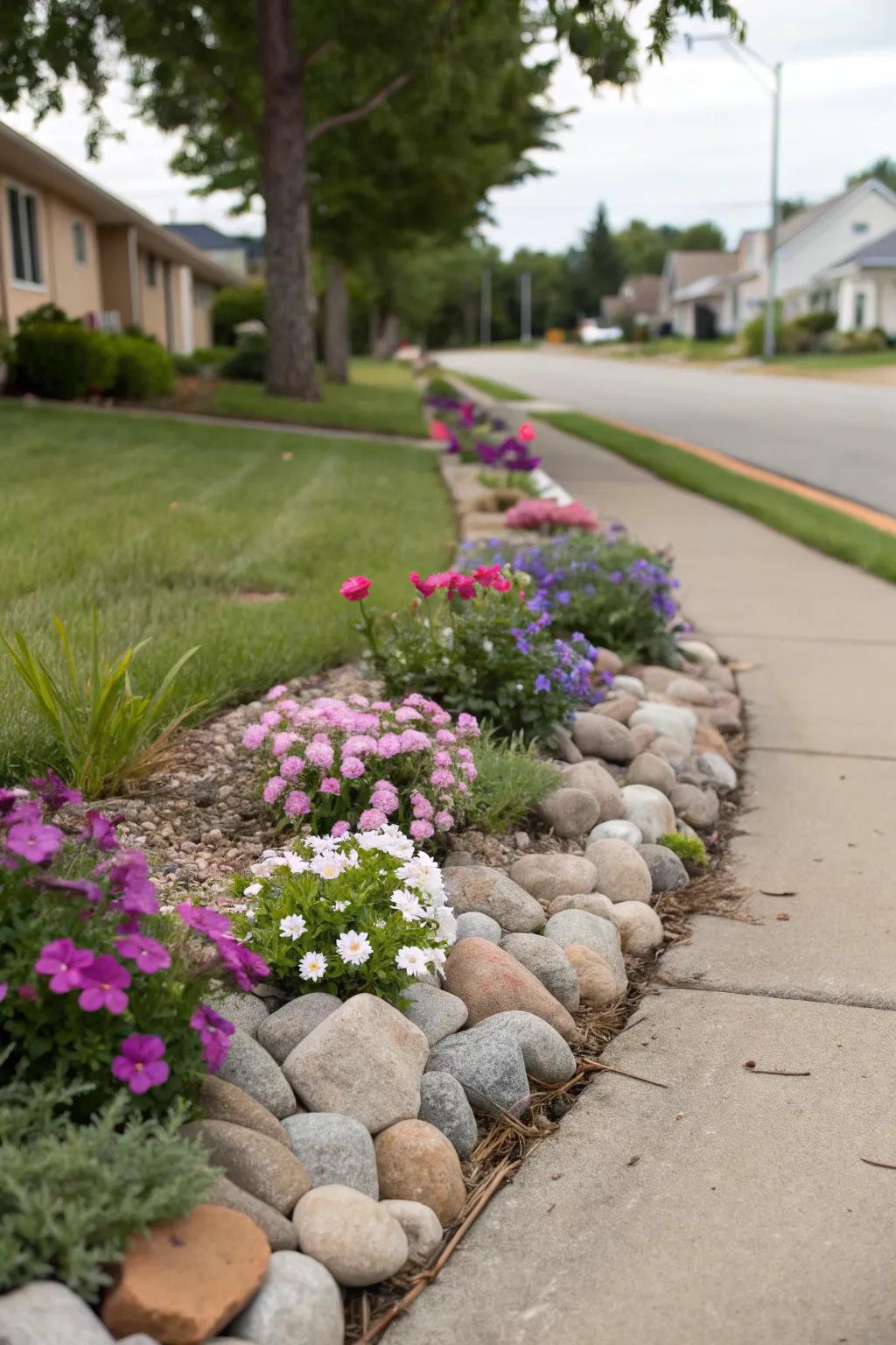 A delightful compact flower bed creatively integrated into a walkway.