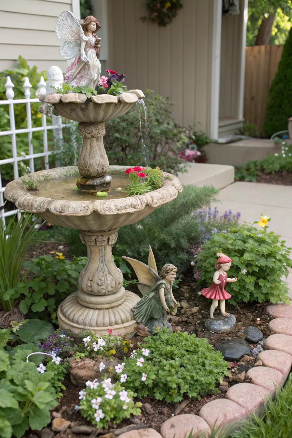 A fairy-themed fountain adds a magical, whimsical touch.