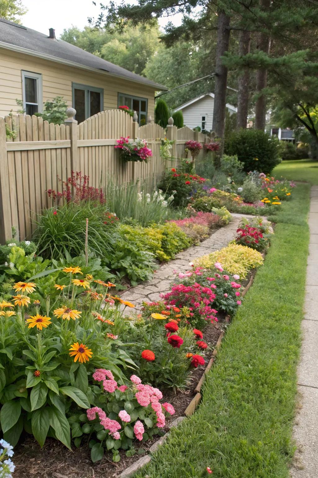 Front yard garden plots establish an inviting and vibrant entrance.